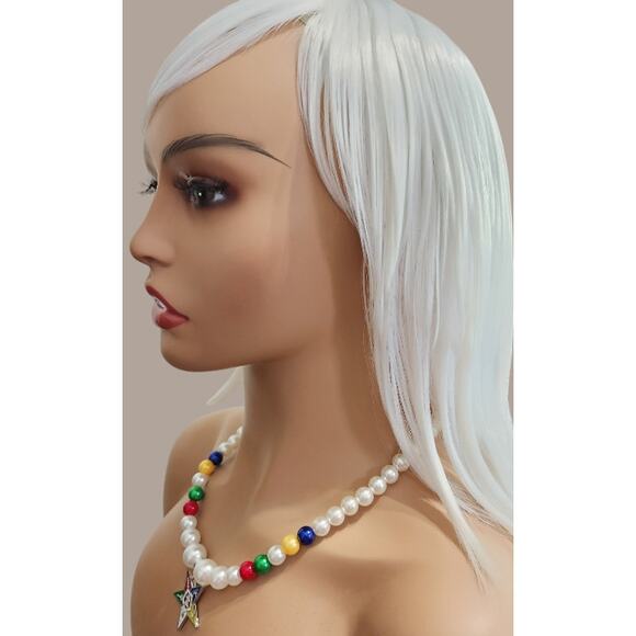 OES Eastern Star Pendant with White, Blue, Yellow, Red & Green Pearls - Picture 3 of 5